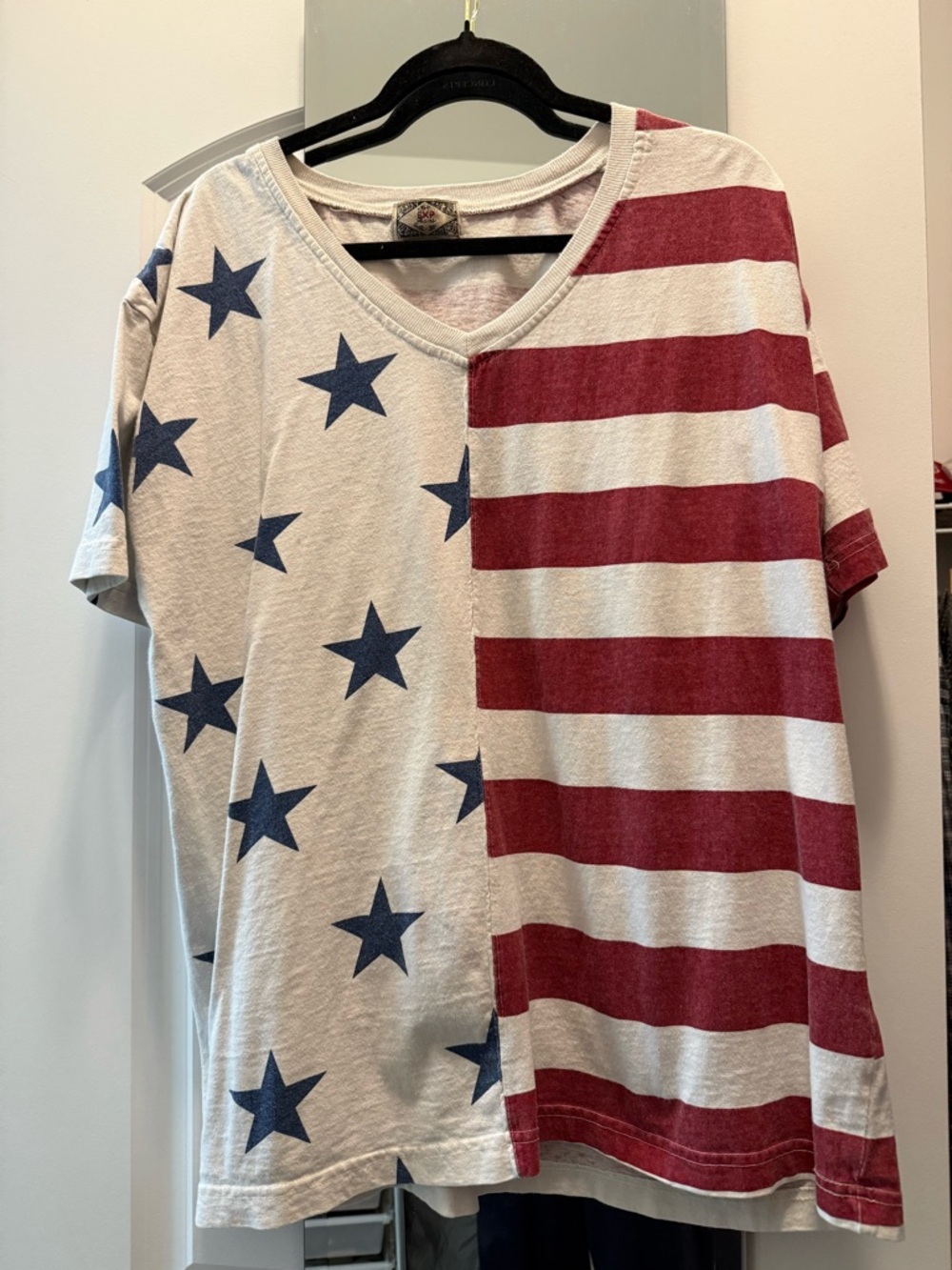 Express Women's Short Sleeve Tee in Red, Blue, Cream - Flag Print
